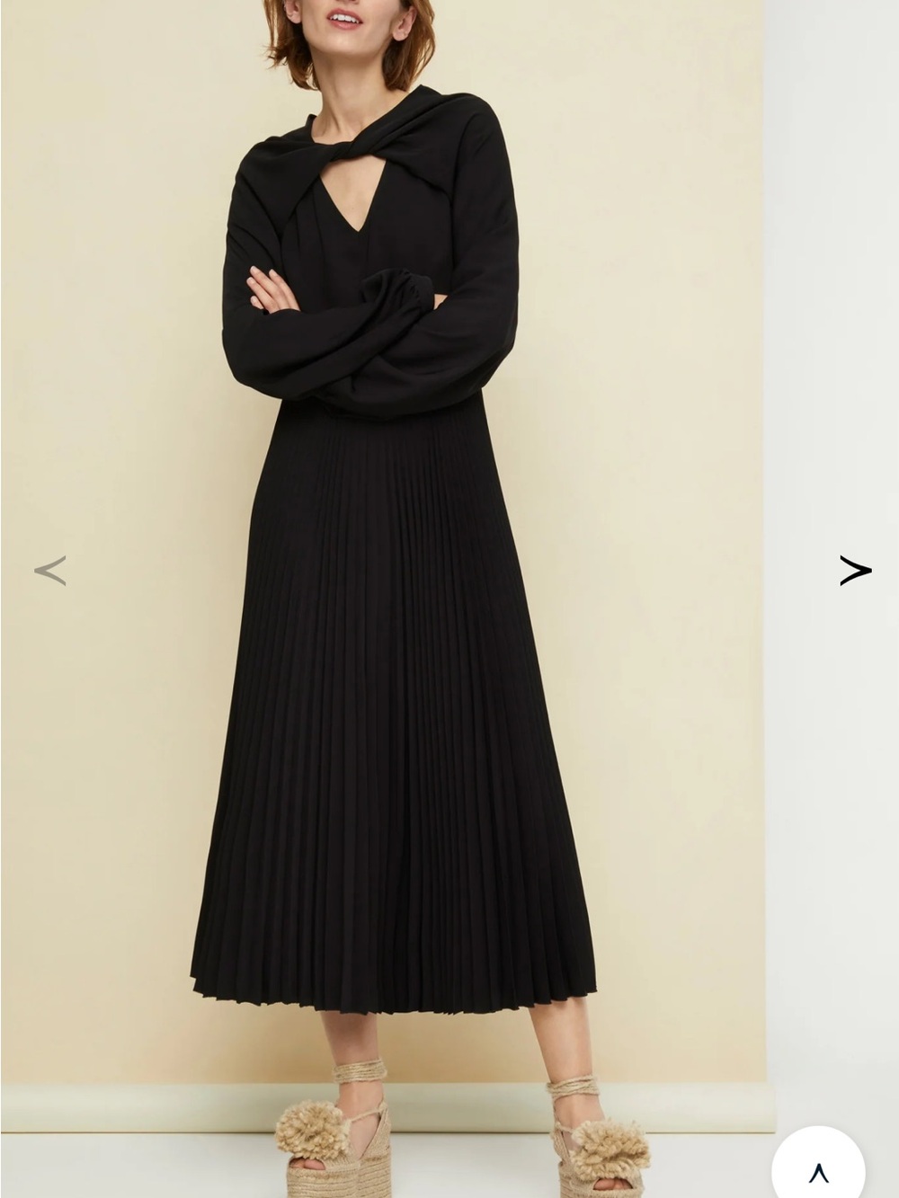 Black Pleated Midi Dress with Twist Neck Detail